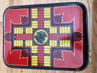 1916 DOUBLE SIDED TIN CHECKERS & PARCHEESI TRAY/GAMING BOARD