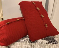Red Wool Pillows with Wooden Buttons