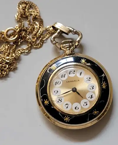 Vintage Caravelle SwissMade Gold/Black Enamel Wind-up Pocket Watch with 18.5 inch Chain Necklace. Th...