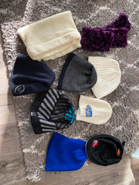 Box of toques, hat, neck warmer, scarf