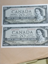 Consecutive Pair 1954 Canada $20 Banknotes