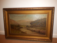 19th Century Landscape Oil Painting of Cattle Near a River(sign)