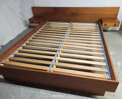 Sold-MID-CENTURY 1960'S TEAK QUEEN BED WITH ATTACHED END TABLES, View more