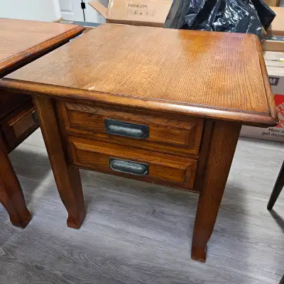Antique wood side tables with metal handles, View more