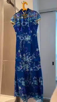 QiPiao Chinese style dress blue with embroidery & flowers