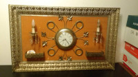 vintage kitchy gold tin frame with clock, chandelier lights art