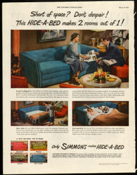 1949 full-page color magazine ad for Simmons Hide-A-Bed