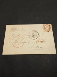 Stunning 1858 mailed envelope from Paris to London, England.