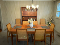 Mid Century Teak Table with 8 Wicker Back Chairs