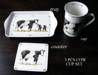Fine China 3pc set Cow theme; cup, coaster & tray, England