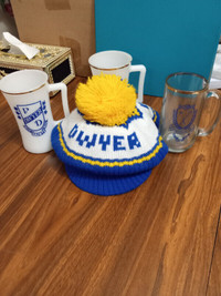 4pc set Paul Dwyer High milk mugs & knit Beanie cap late 1970's