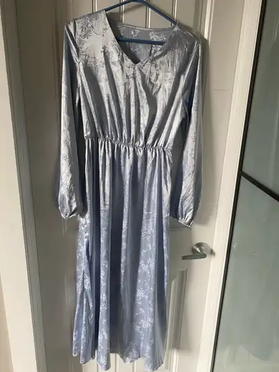 like new silver/blue satin like modest dress size M, View more