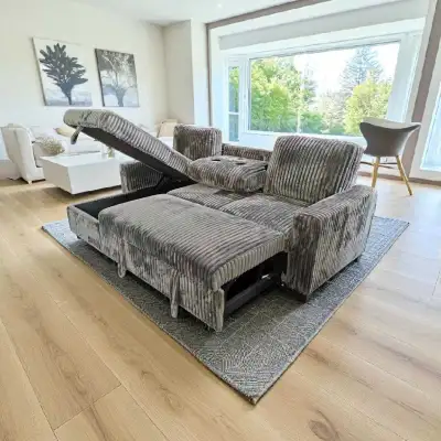 Modern Corduroy L-Shape Sofa | Integrated Cup Holders &  Storage, View more