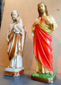 2 Statues Religieuses Antiques - St-Joseph et Sacré-Coeur