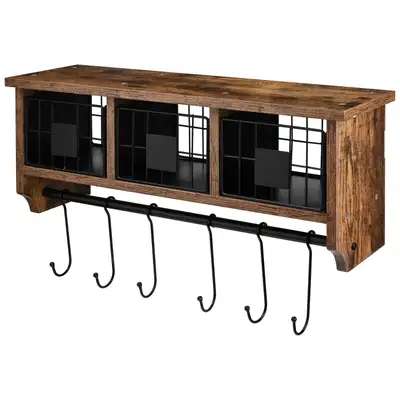 Rustic Wood Shelf with Baskets & Hooks - Brand New, View more
