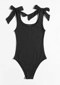 Knot Shoulder Rib-knit Form Fitted Solid Bodysuit