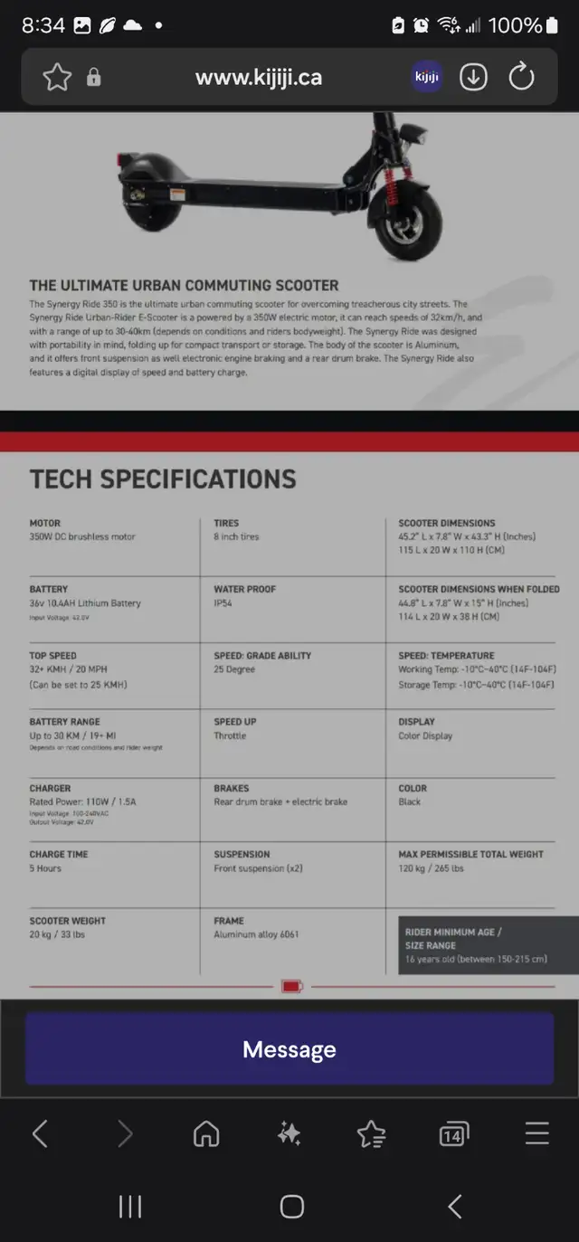 Needs tire Synergy electric scooter bike in eBike in Oshawa / Durham Region - Image 3