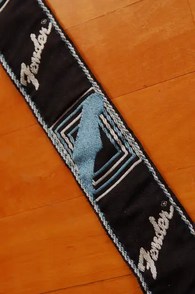 FENDER BLACK & BLUE STRAT HEAD LOGO LEATHER &FABRIC GUITAR STRAP, View more