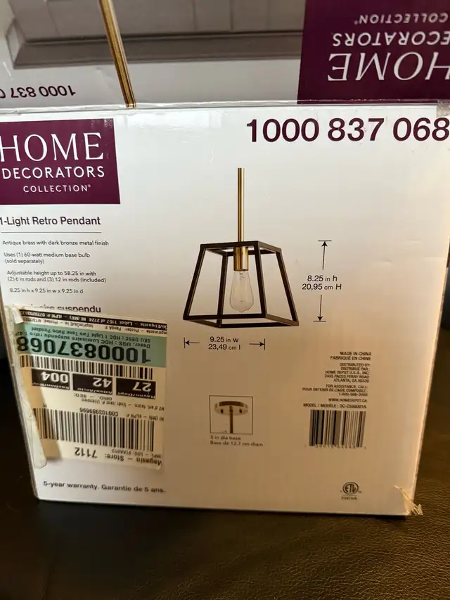 Home Decorators Collection 1-Light Retro Pendant in Indoor Lighting & Fans in Mississauga / Peel Region - Image 3