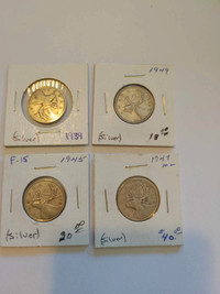 4 Old Canadian Silver Quarters, for Sale