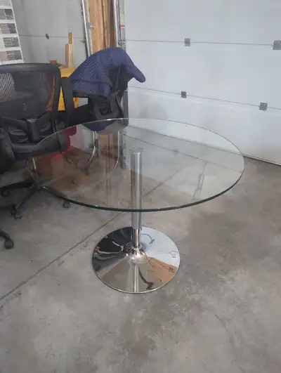 Round glass kitchen table with chrome base, View more