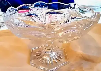 Vintage footed heavy glass tray, View more