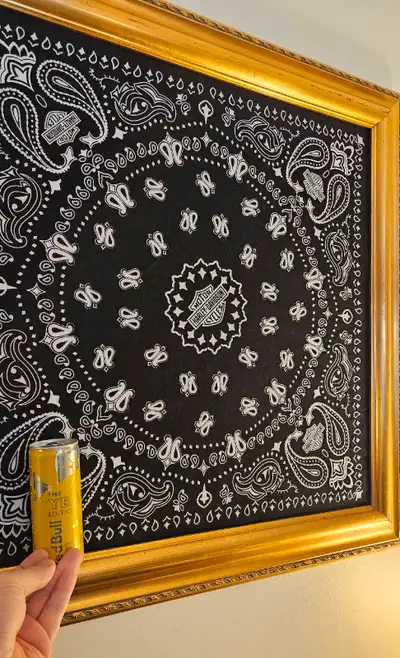 Very large Gold Frame with Harley Davidson 100% Cotton Bandana *Redbull can for size reference. Awes...