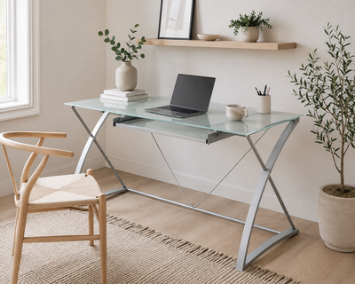 Like New EQ3 Glass Top Office Desk  with Drawer, View more