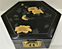 NEW, DECORATED LACQUERED WOOD HEXAGON LIDDED BOX
