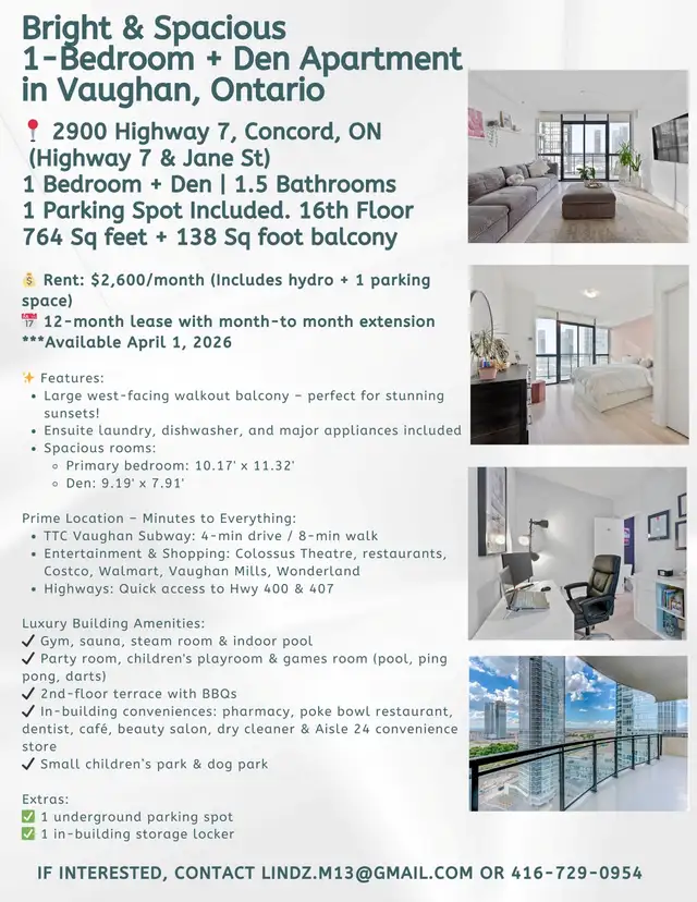 1.5 bedroom apartment in Vaughan Ontario