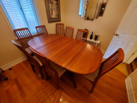 RUGGED, SOLID TEAK DINING SET, HUTCH, 8 HIGH-BACK CHAIRS
