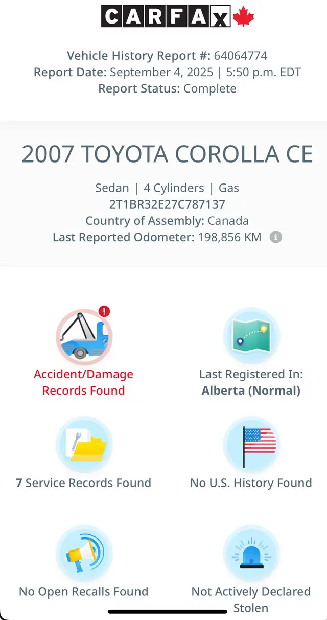 2007 Toyota Corolla CE 1.8L LOW KMا63871126973955122