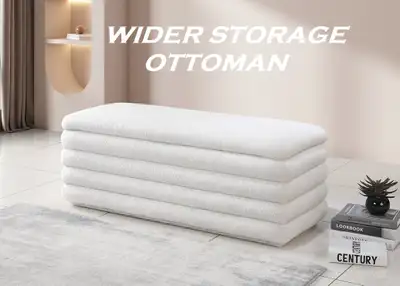 OTTOMAN /STORAGE BENCH SOFT WHITE TEDDY BEAR FABRIC., View more