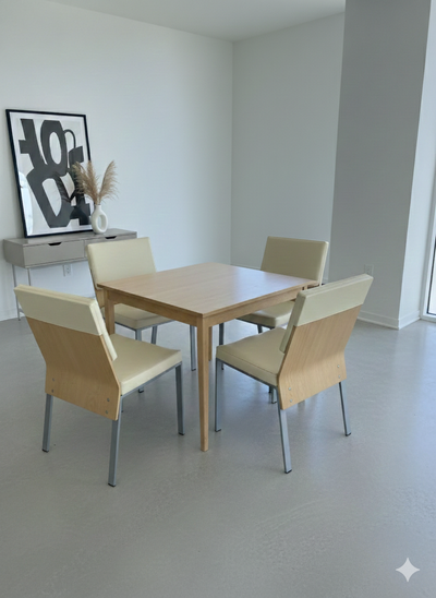 4 Modern birch wood and Vinyl seats - well made heavy comgortable chairs minor wear in vinyl see pho...