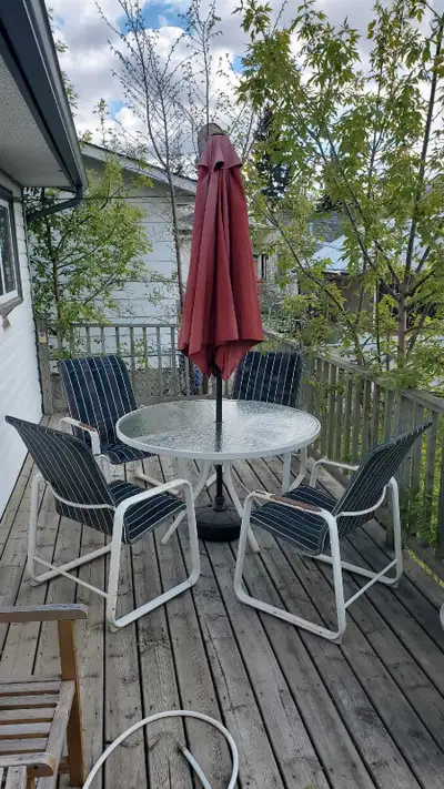 Deck Table, Four Chairs, Umbrella