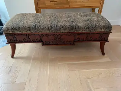 Upholstered Bench with Elephant Carvings, View more