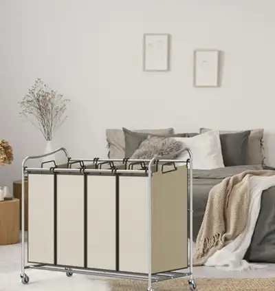 Heavy duty laundry sorter cart with chrome metal and wheels, View more