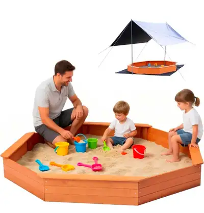 Octagonal Wooden Sandbox with 2-in-1 Canopy, 4 Built-in Benches, Weather Resistant Oxford Cover, Ope...