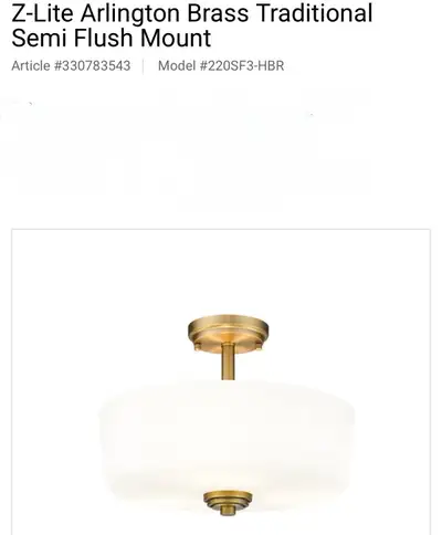 BEAUTIFUL NEW ARLINGTON BRASS SEMI FLUSHMOUNT LIGHT , View more