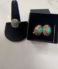 14K Yellow Gold and Turquoise Ring and Earrings