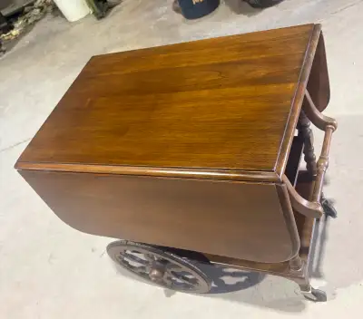 Vintage 3 Tier Walnut Drop-Leaf Tea/Bar Serving Cart (w Drawer!), View more