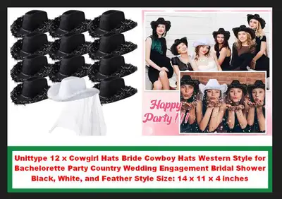 (NEW) 12x Cowgirl Hats Bride Cowboy Hats Black White Feathers, View more