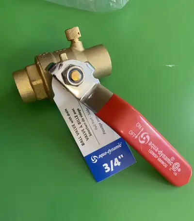 Brand new and never been installed. Aqua dynamic 3/4 inch solder full port ball valve with drain is...