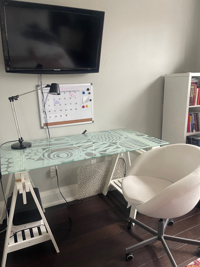 IKEA glass desk with white leather chair in Bookcases & Shelving Units in Mississauga / Peel Region