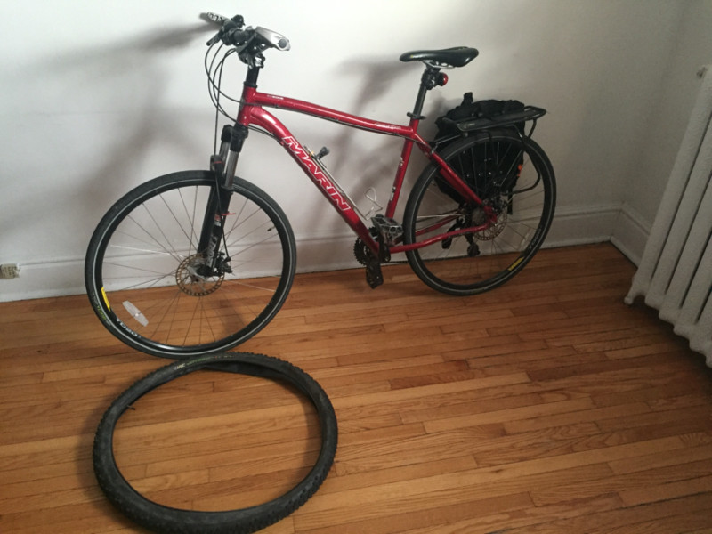 20.5" 29er Mountain Bike w rack, panniers, barends,hybrid tires