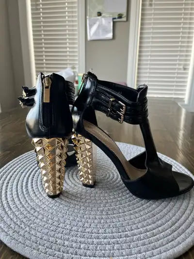 Size 6.5 Bamboo Radical Black/Gold Studded 4.5in Heel, View more