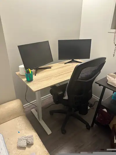 desk chair and two computer screens, View more