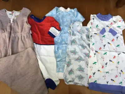 HAND MADE FLEECE SLEEP SACK WEARABLE BLANKET AND 4 SLEEP GOWNS, View more