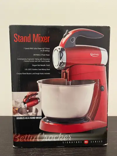 • Betty Crocker brand • red stand mixer • detaches and converts into a handheld hand mixer • 250 wat...