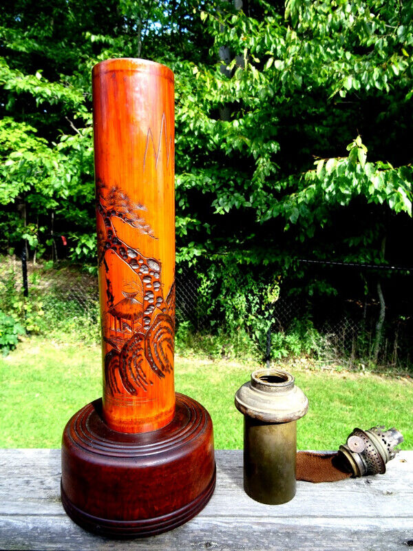 RARE antique Japanese bamboo OIL LAMP Meiji Taisho era CARVED Arts & Collectibles City of